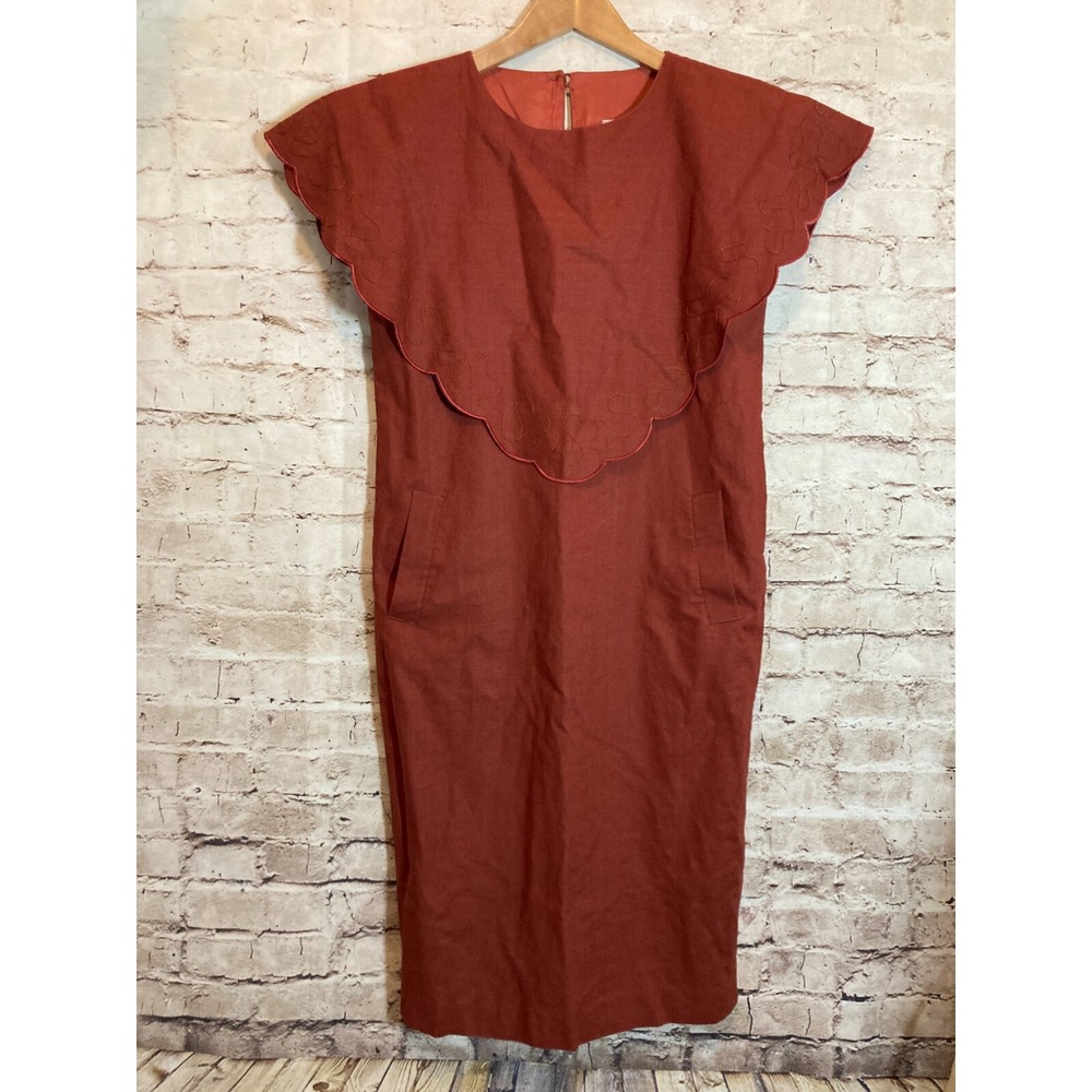 Vintage La Lisette Dress Womens 36 Small Rust Red Sheath Midi Pockets Layered